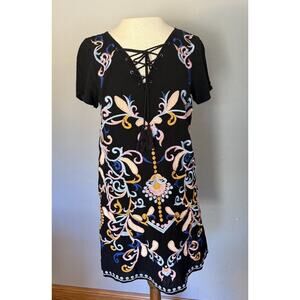 Skies Are Blue‎ Dress Size Small Black Embroidered Shift Boho Floral Feminine